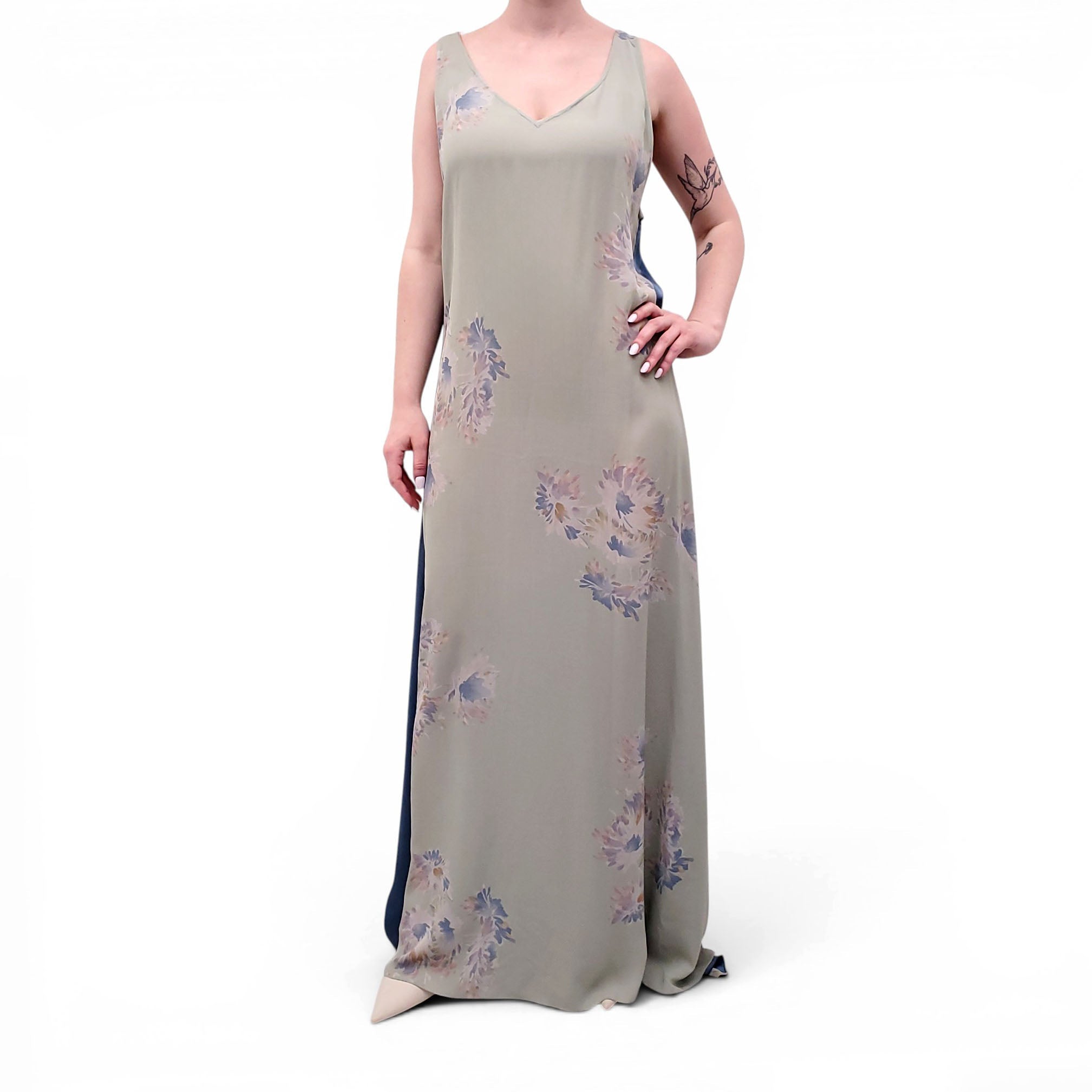DRIES VAN NOTEN SAGE GREEN FLORAL SILK DRESS - SIZE 40