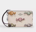 NWT Coach Corner Zip Leather Wristlet With Candy Print & Charm