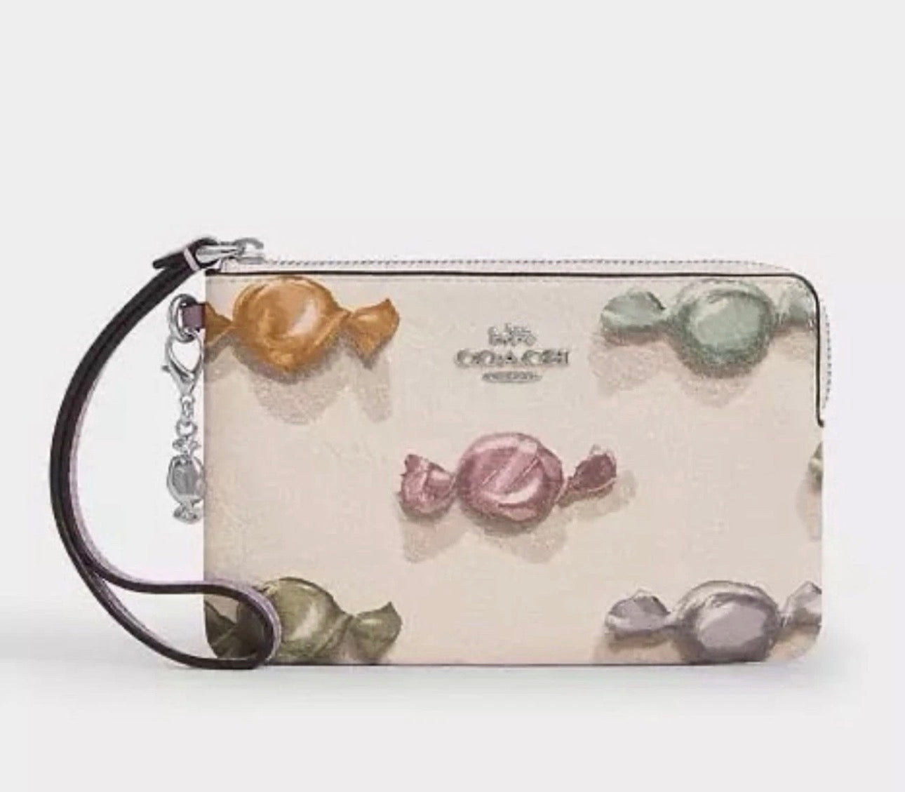 NWT Coach Corner Zip Leather Wristlet With Candy Print & Charm