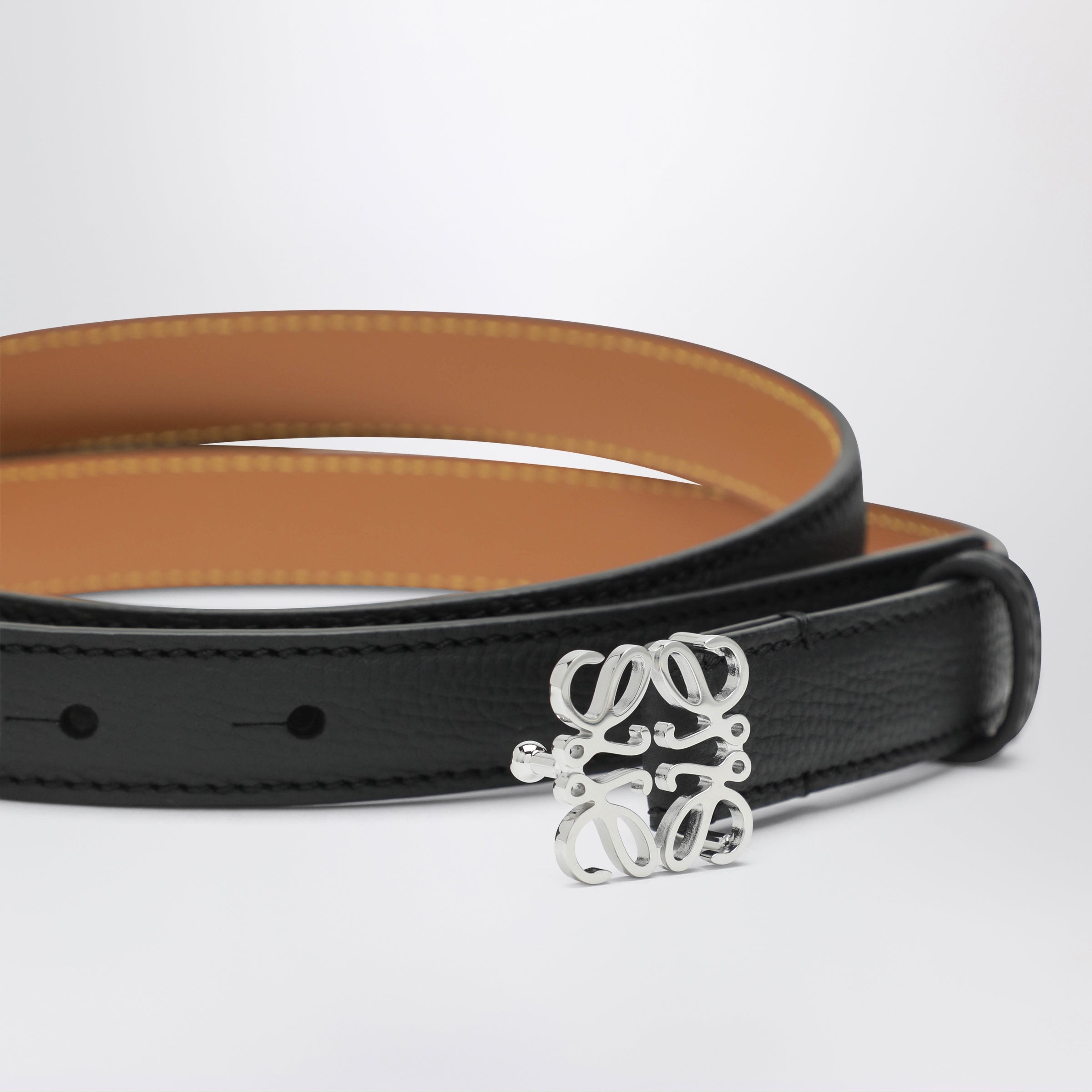 Loewe Black/Palladium Grained Leather Anagram Belt Women
