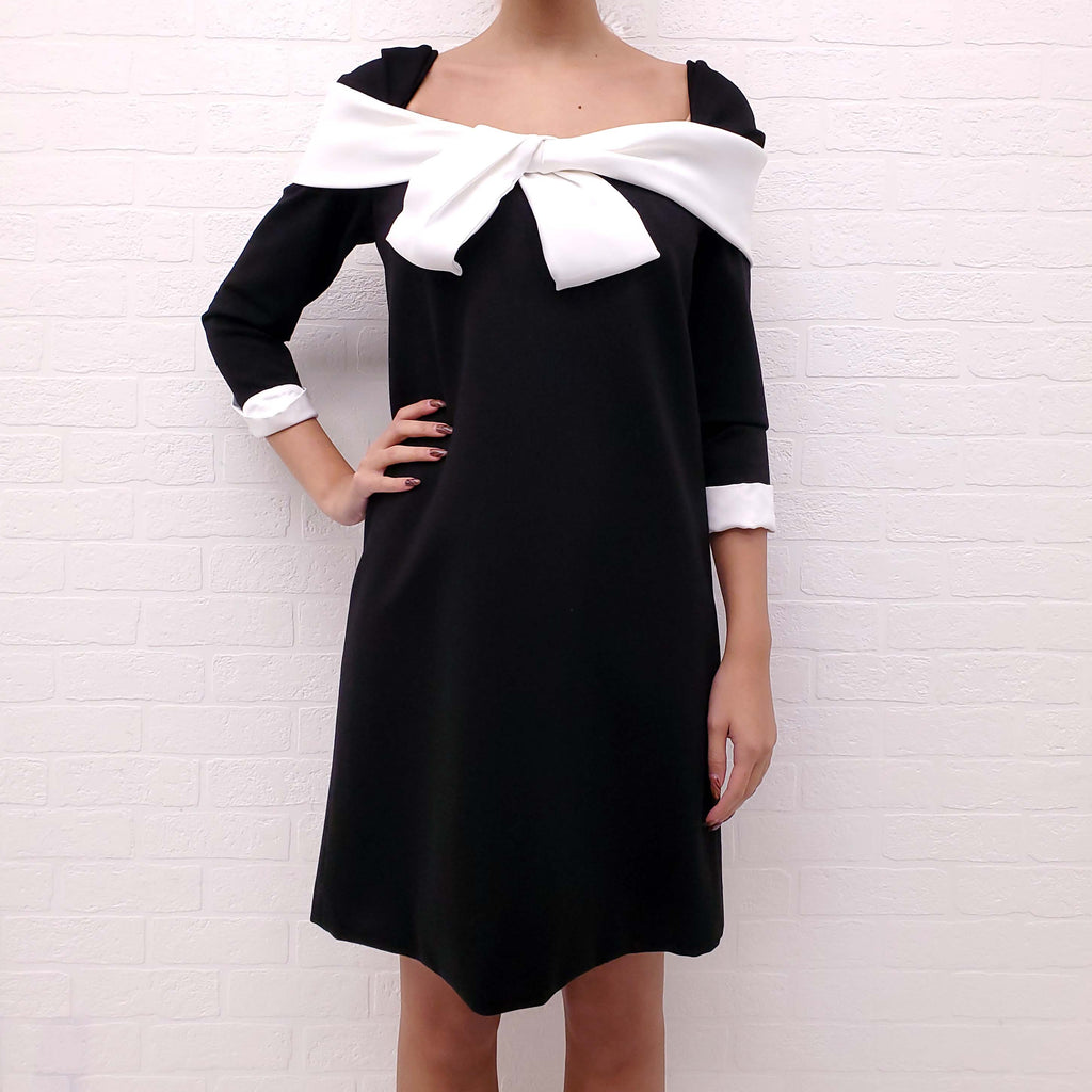 EDWARD ACHOUR PARIS BLACK AND WHITE OFF THE SHOULDER DRESS WITH PEARL AND CRYSTAL BUTTONS - SIZE 40