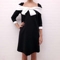 EDWARD ACHOUR PARIS BLACK AND WHITE OFF THE SHOULDER DRESS WITH PEARL AND CRYSTAL BUTTONS - SIZE 40
