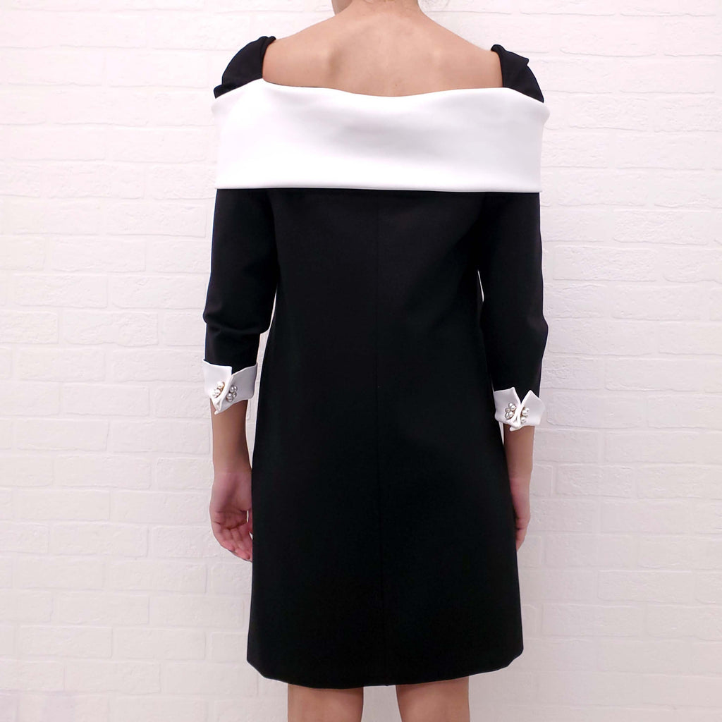 EDWARD ACHOUR PARIS BLACK AND WHITE OFF THE SHOULDER DRESS WITH PEARL AND CRYSTAL BUTTONS - SIZE 40