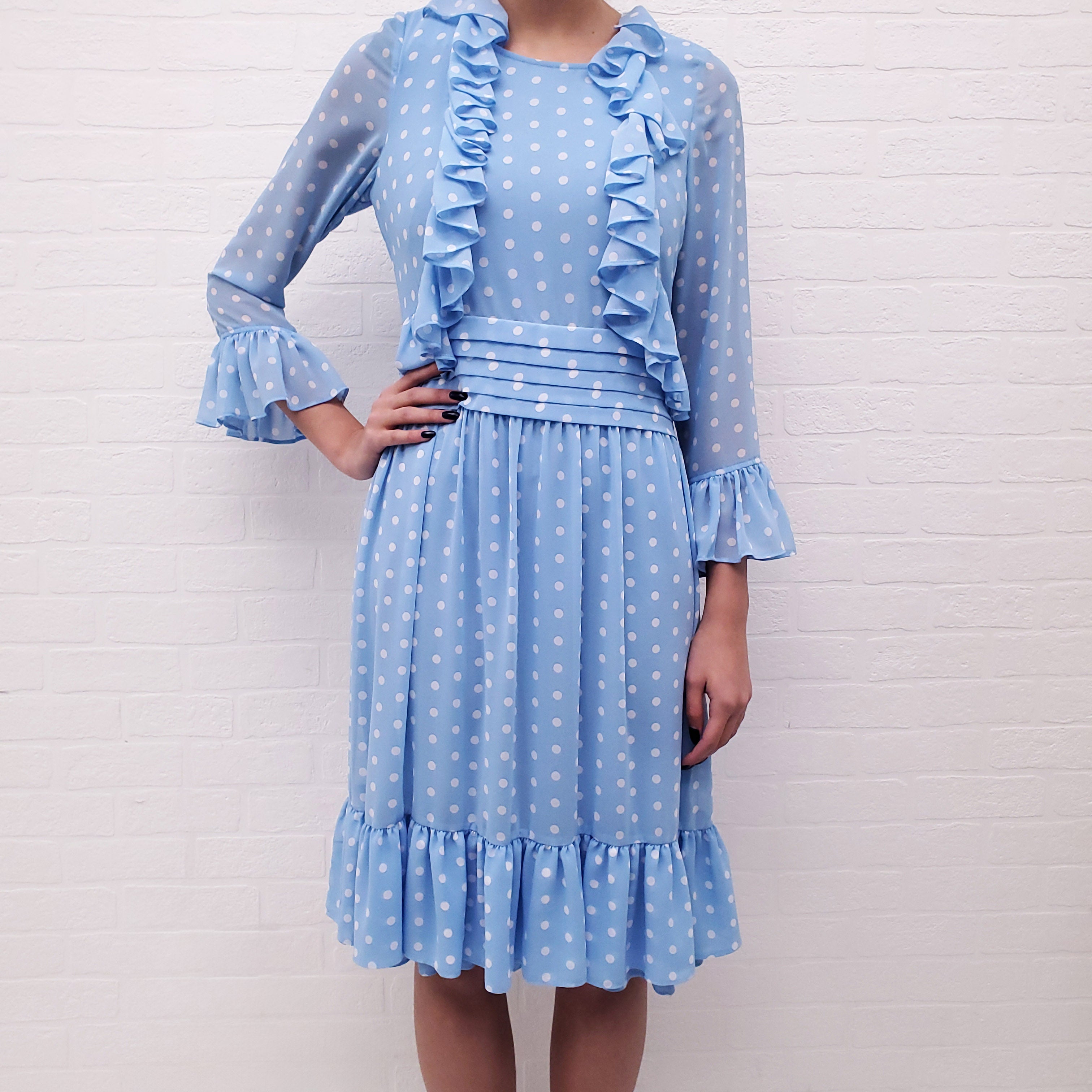 EDWARD ACHOUR PARIS BLUE POLKA DOT RUFFLE DRESS - SIZE 38