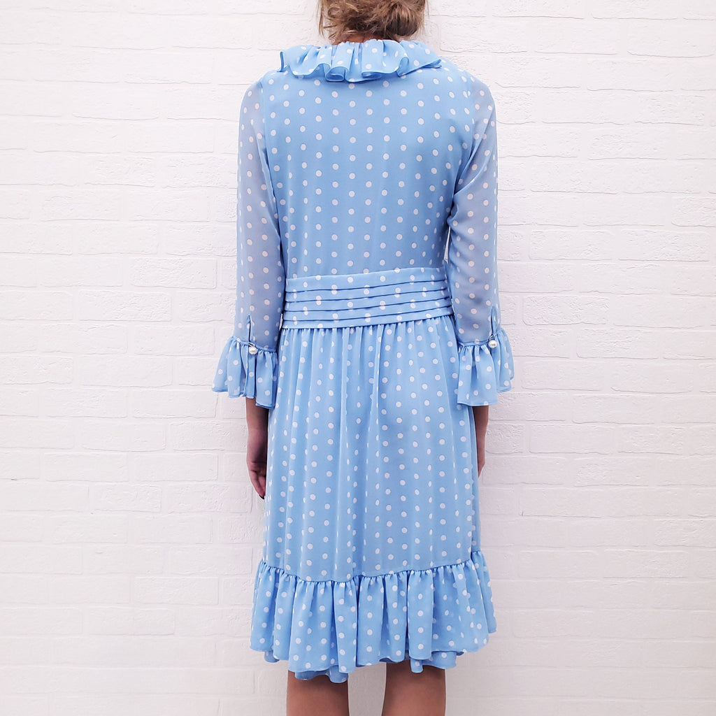 EDWARD ACHOUR PARIS BLUE POLKA DOT RUFFLE DRESS - SIZE 38