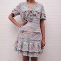 EDWARD ACHOUR PARIS TURQUOISE AND PINK TWEED DRESS WITH CRYSTAL AND PEARL BUTTONS - SIZE 42