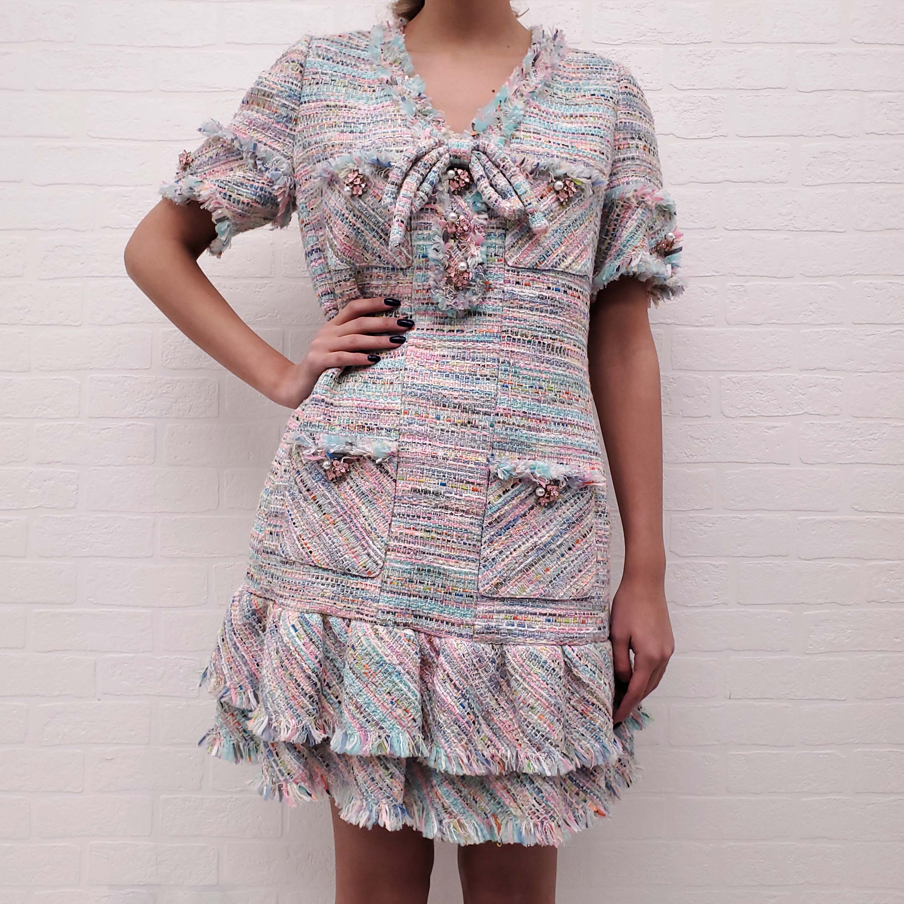 EDWARD ACHOUR PARIS TURQUOISE AND PINK TWEED DRESS WITH CRYSTAL AND PEARL BUTTONS - SIZE 42