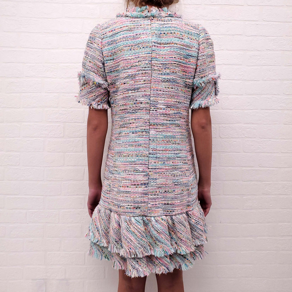 EDWARD ACHOUR PARIS TURQUOISE AND PINK TWEED DRESS WITH CRYSTAL AND PEARL BUTTONS - SIZE 42