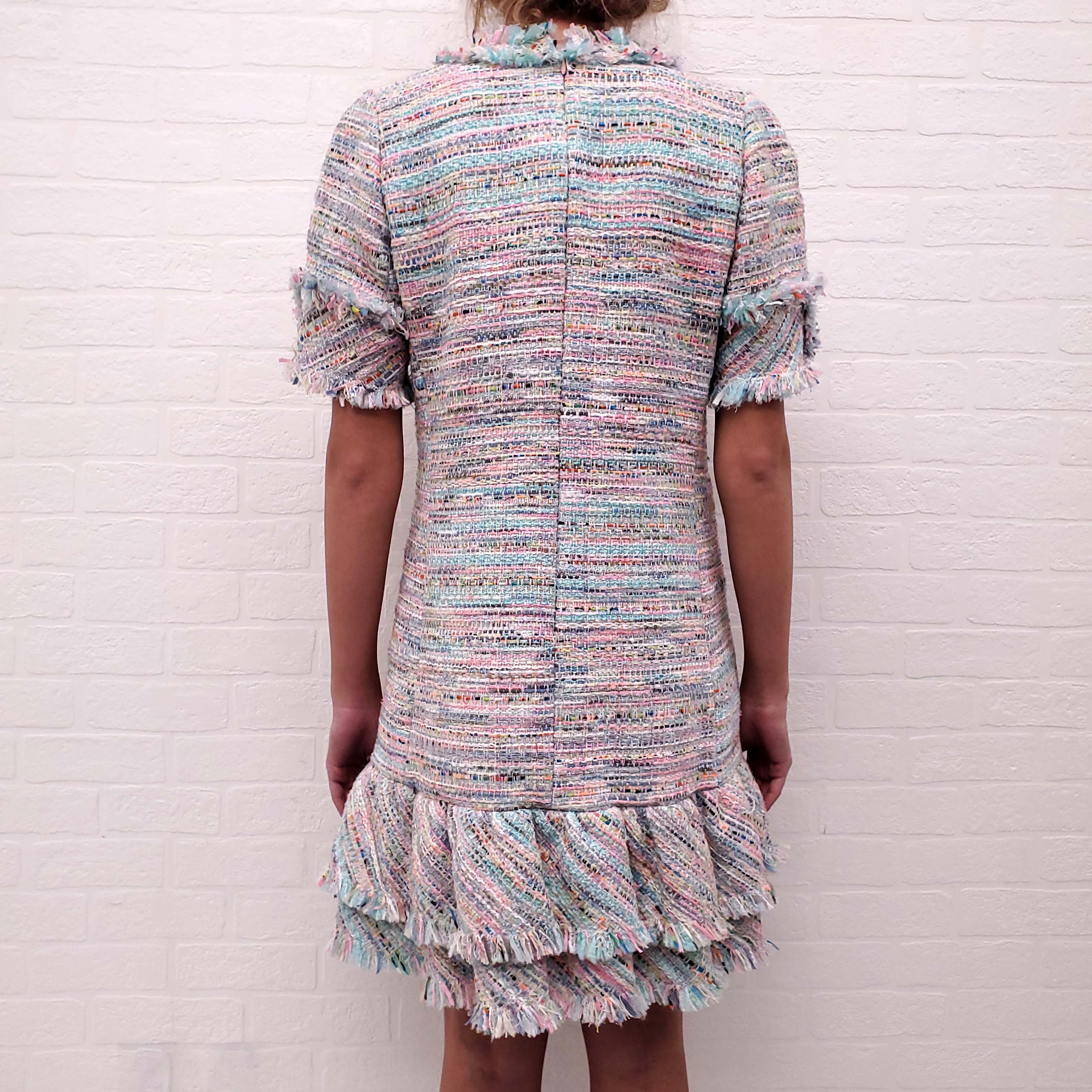 EDWARD ACHOUR PARIS TURQUOISE AND PINK TWEED DRESS WITH CRYSTAL AND PEARL BUTTONS - SIZE 42