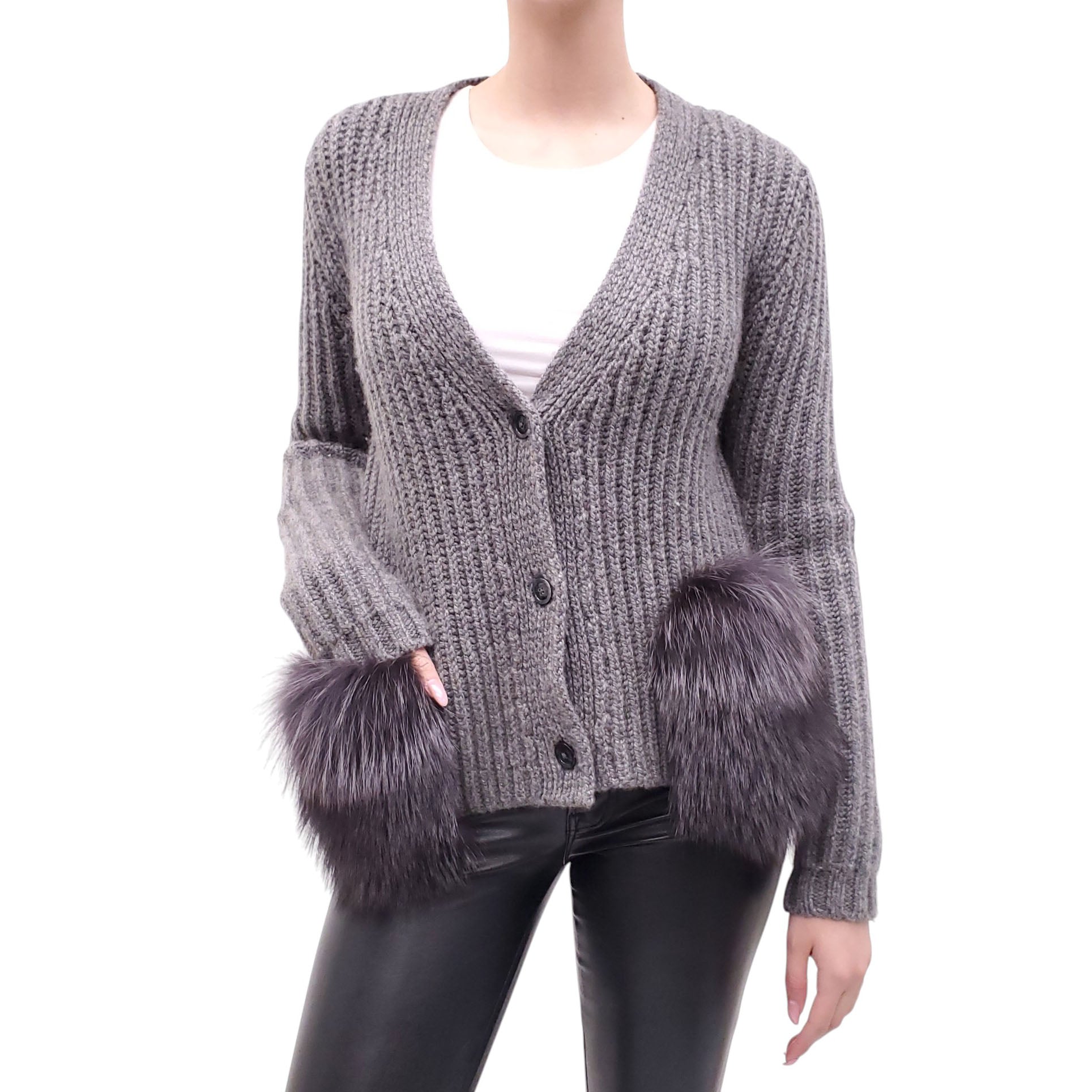 ELEVENTY GREY CASHMERE CARDIGAN WITH FUR DETAIL - SIZE S/M