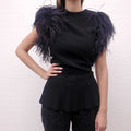 ELIE SAAB BLACK STRIPE PEPLUM TOP WITH FEATHERS - SIZE 40