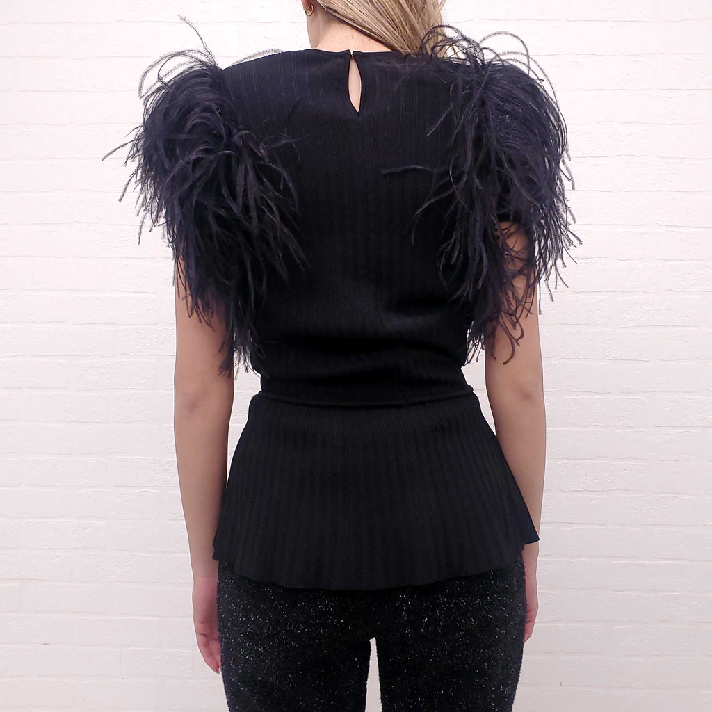 ELIE SAAB BLACK STRIPE PEPLUM TOP WITH FEATHERS - SIZE 40