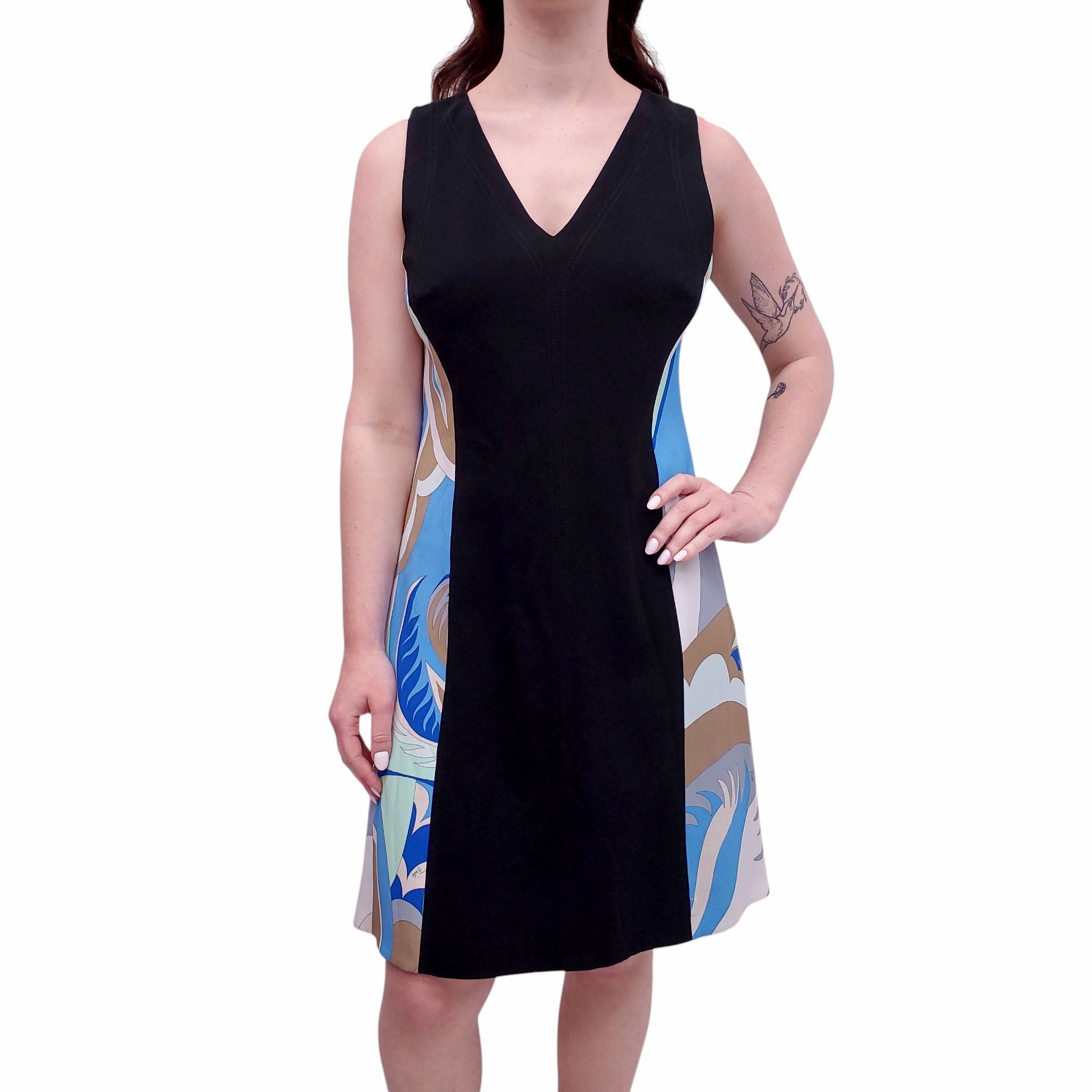 EMILIO PUCCI BLACK DRESS WITH BLUE PATTERNED SIDE DETAIL - SIZE 10