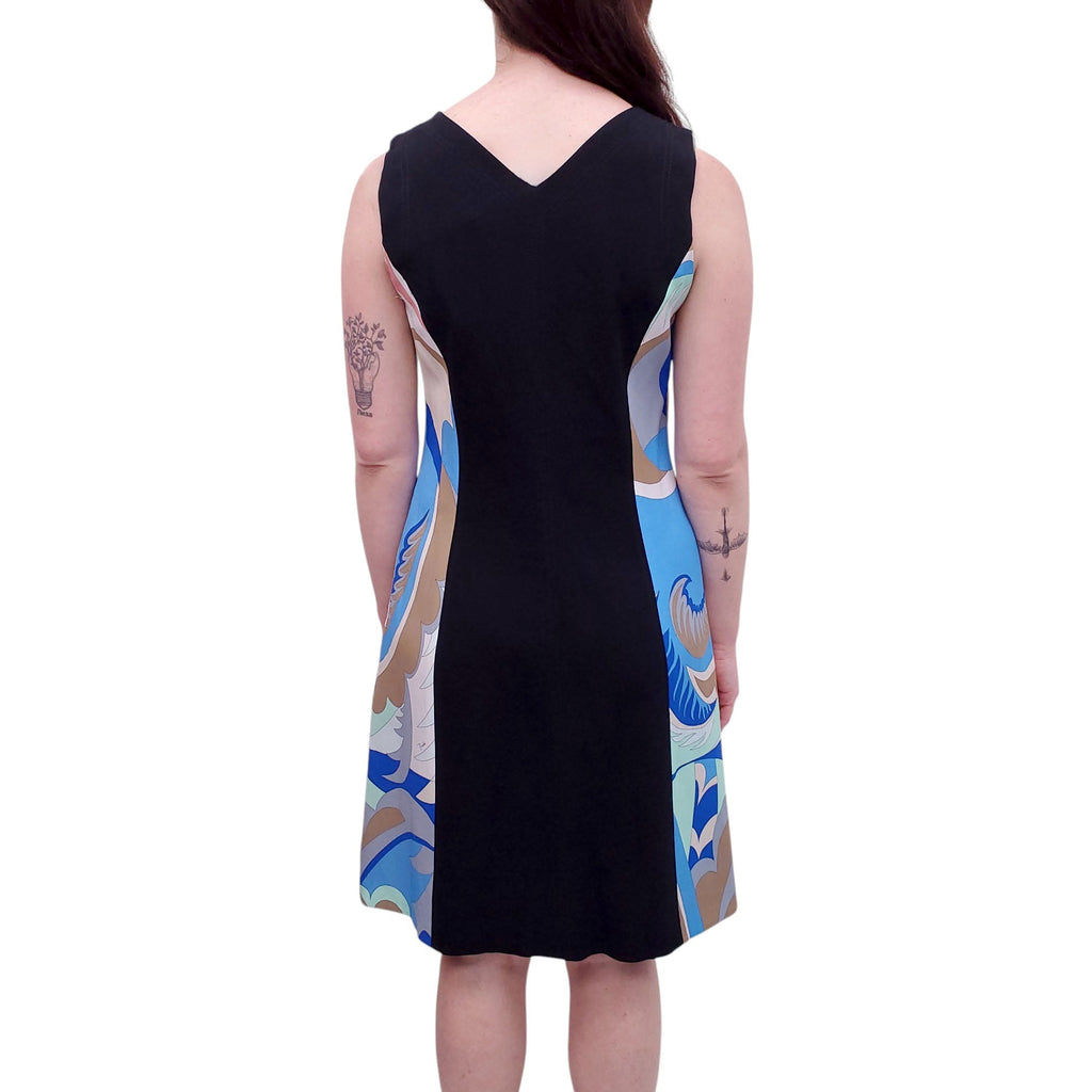 EMILIO PUCCI BLACK DRESS WITH BLUE PATTERNED SIDE DETAIL - SIZE 10