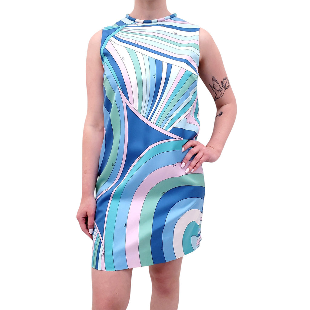 EMILIO PUCCI BLUE PRINT SILKTWILL MINI DRESS - SIZE 42