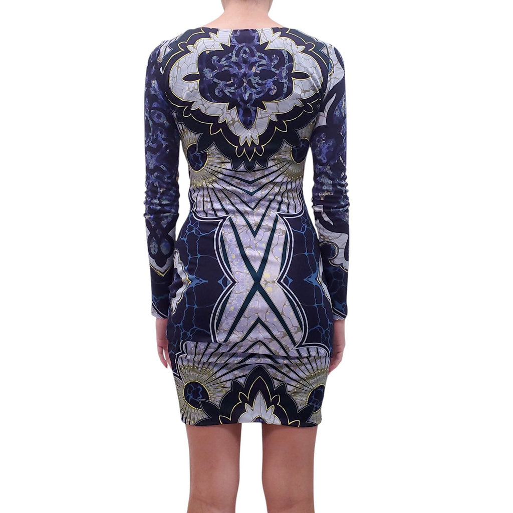 EMILIO PUCCI NAVY PATTERNED LONG-SLEEVE RUCHED DRESS - SIZE 6