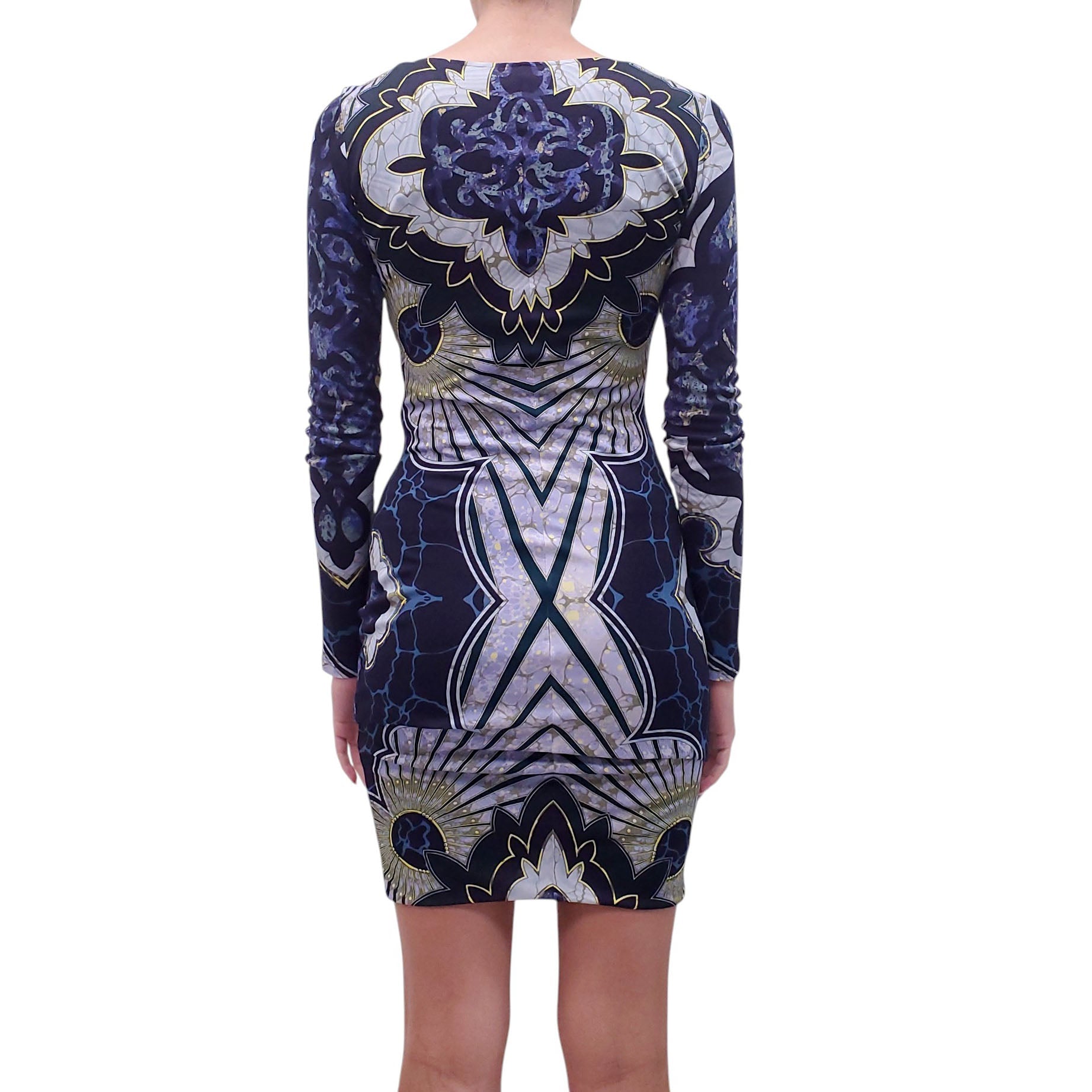 EMILIO PUCCI NAVY PATTERNED LONG-SLEEVE RUCHED DRESS - SIZE 6