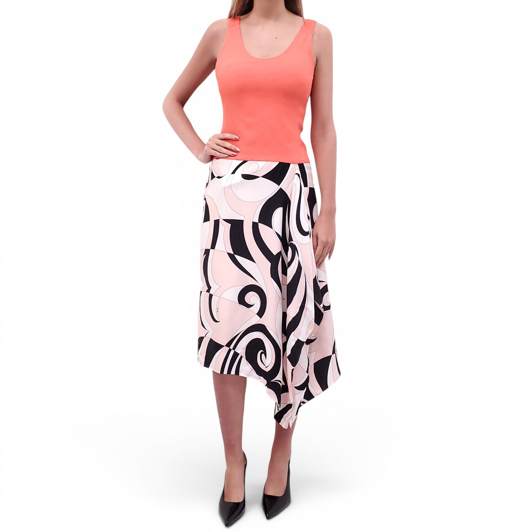 EMILIO PUCCI ORANGE MIDI DRESS WITH PATTERNED SKIRT - SIZE 40