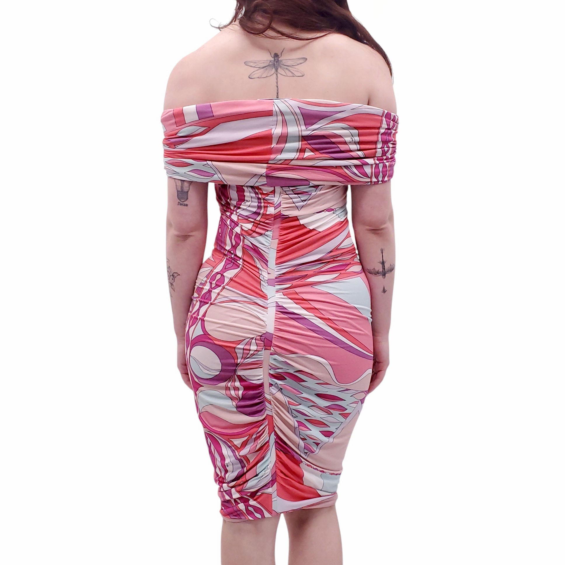 EMILIO PUCCI PATTERNED OFF-THE-SHOULDER DRESS - SIZE 6