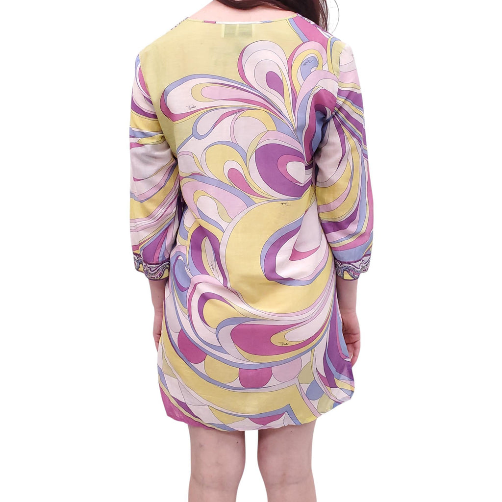 EMILIO PUCCI PURPLE AND YELLOW PATTERNED COVER-UP DRESS WITH TIE-UP DETAIL - SIZE 6