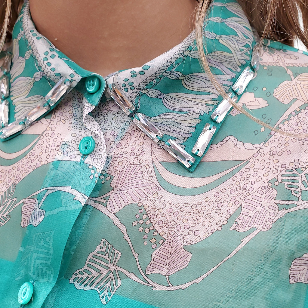 EMILIO PUCCI RUNWAY TURQUOISE PATTERNED SHIRT WITH CRYSTAL DETAILS - SIZE 42