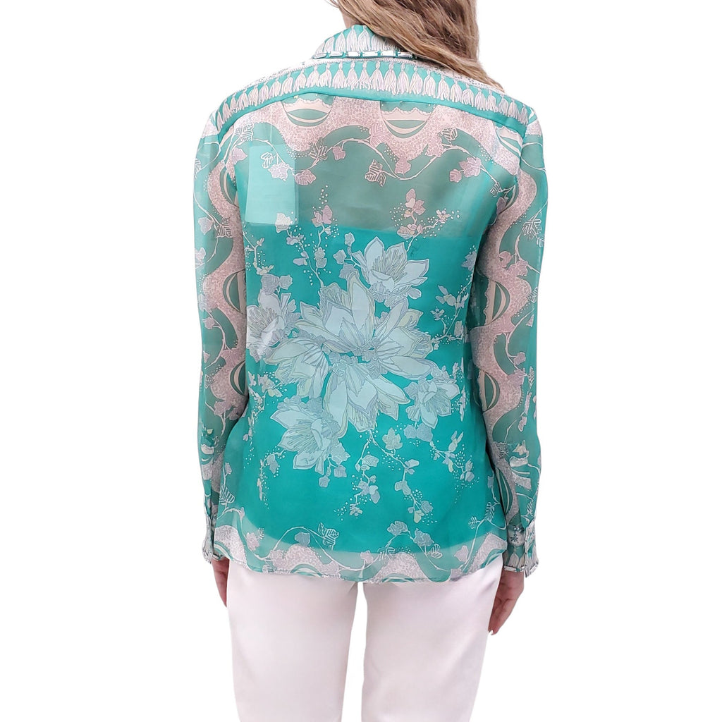 EMILIO PUCCI RUNWAY TURQUOISE PATTERNED SHIRT WITH CRYSTAL DETAILS - SIZE 42