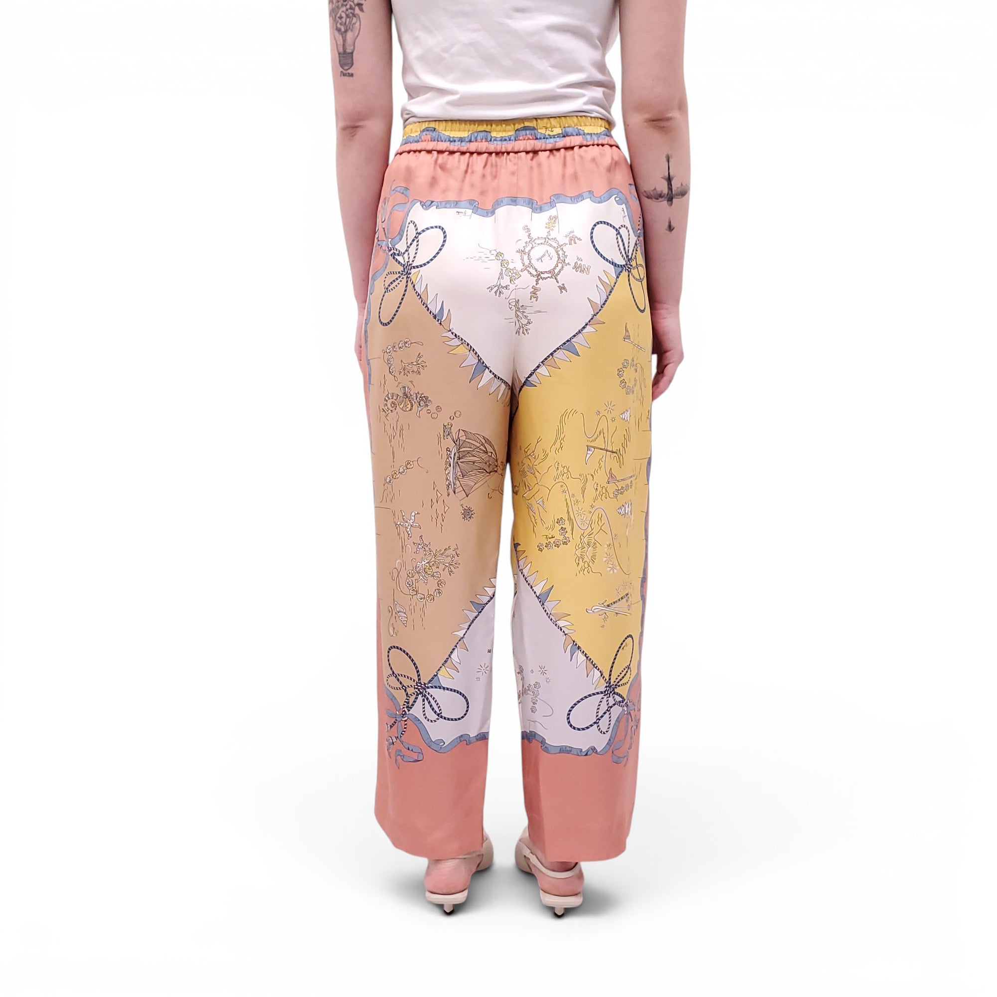 EMILIO PUCCI TERRACOTTA MAP PATTERNED CROPPED SILK TROUSERS - SIZE 46