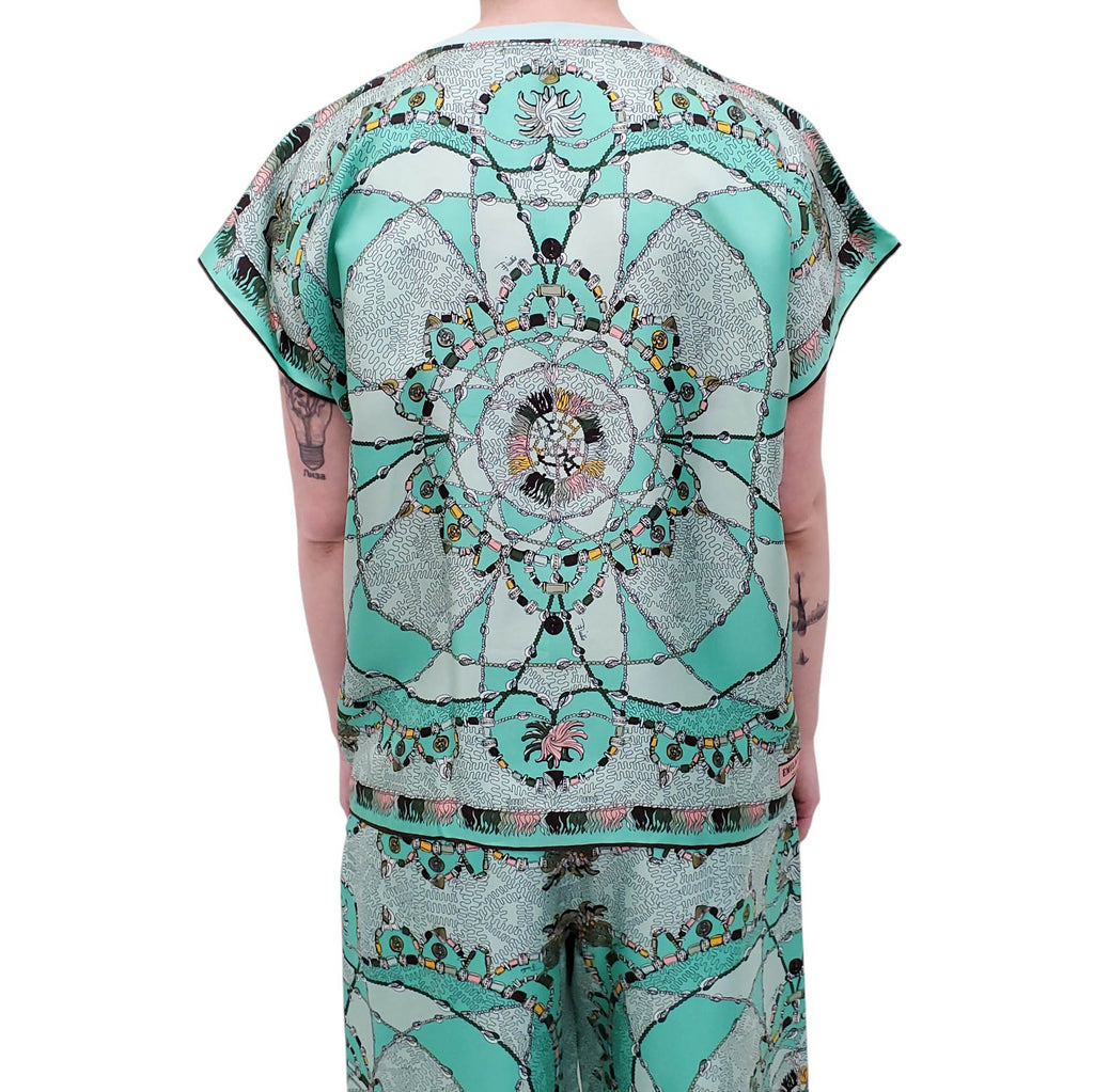 EMILIO PUCCI TURQUOISE SILKTWILL PANNELLED COTTON JERSEY TOP - SIZE L