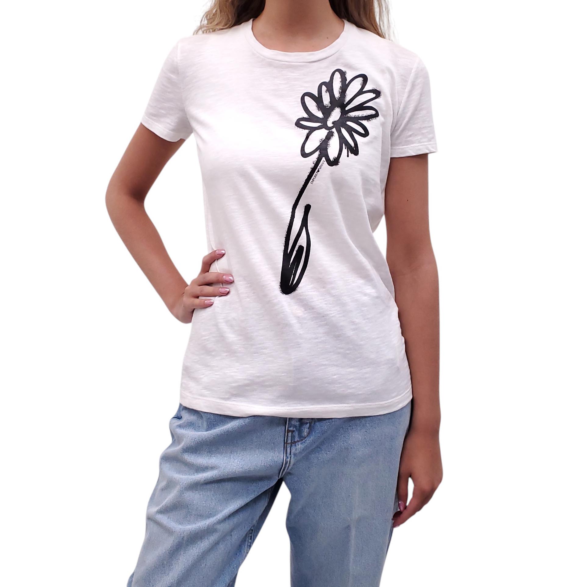 EMPORIO ARMANI WHITE T-SHIRT WITH BLACK FLOWER DETAIL - SIZE 40