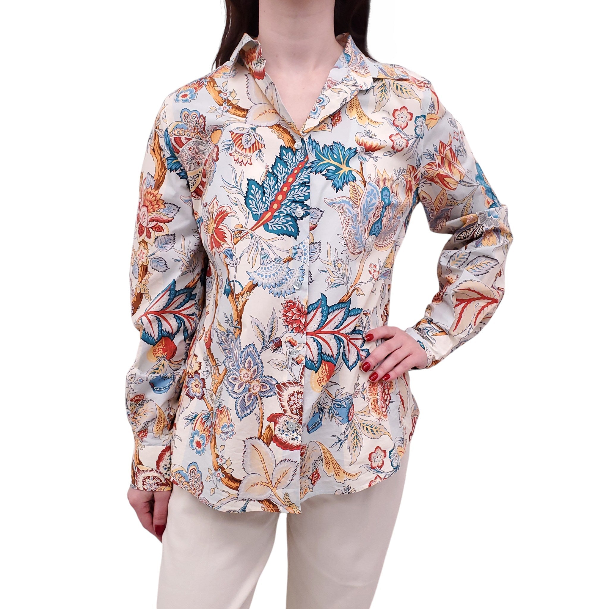 ETRO WHITE, BLUE AND ORANGE FLORAL BLOUSE - SIZE 50