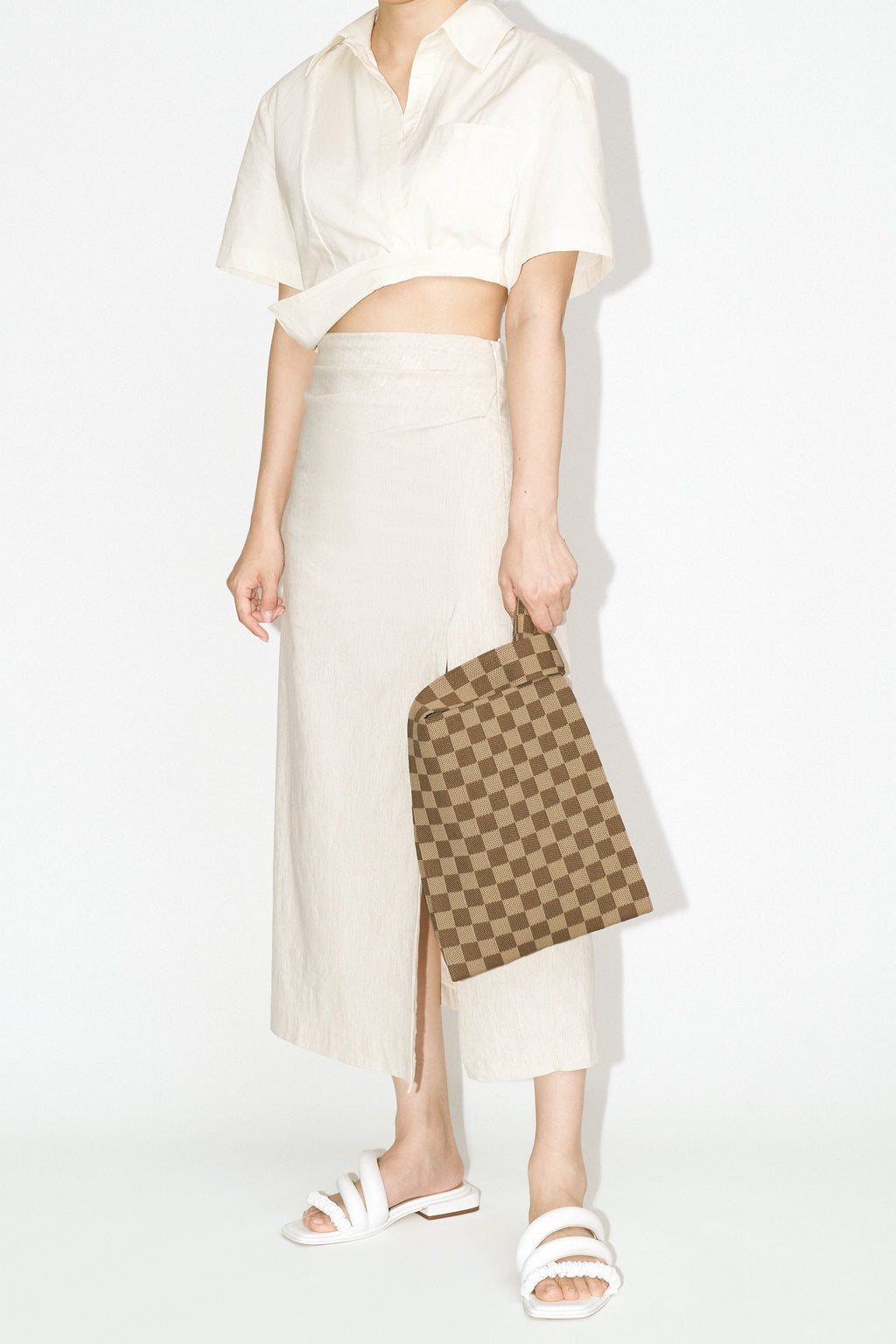 Shea Checkerboard Knitted Tote Bag - Brown