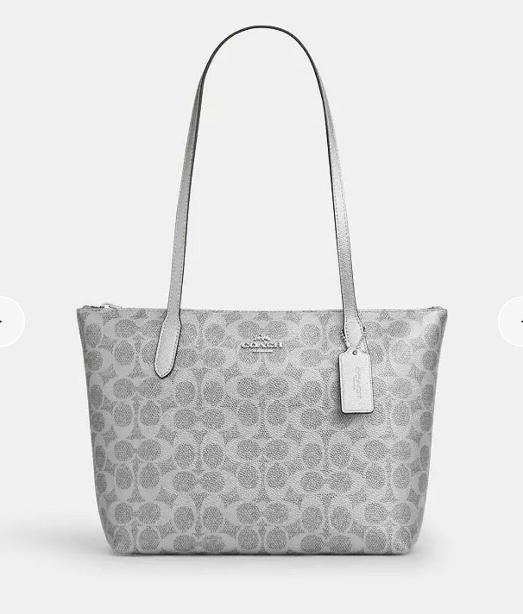 NWT Coach Fiona Zip Tote In Pearlized Signature Canvas & Metallic Smooth Leather