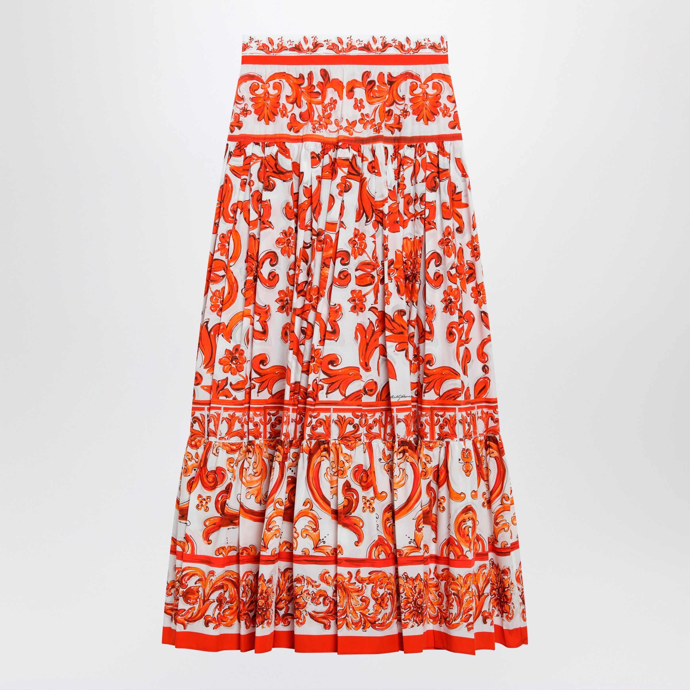 Dolce&Gabbana Long Maiolica-Print Cotton Poplin Skirt In Orange Women