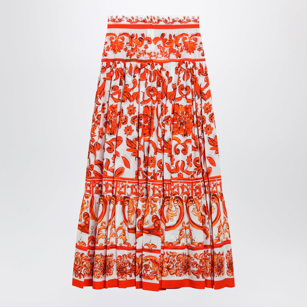 Dolce&Gabbana Long Maiolica-Print Cotton Poplin Skirt In Orange Women