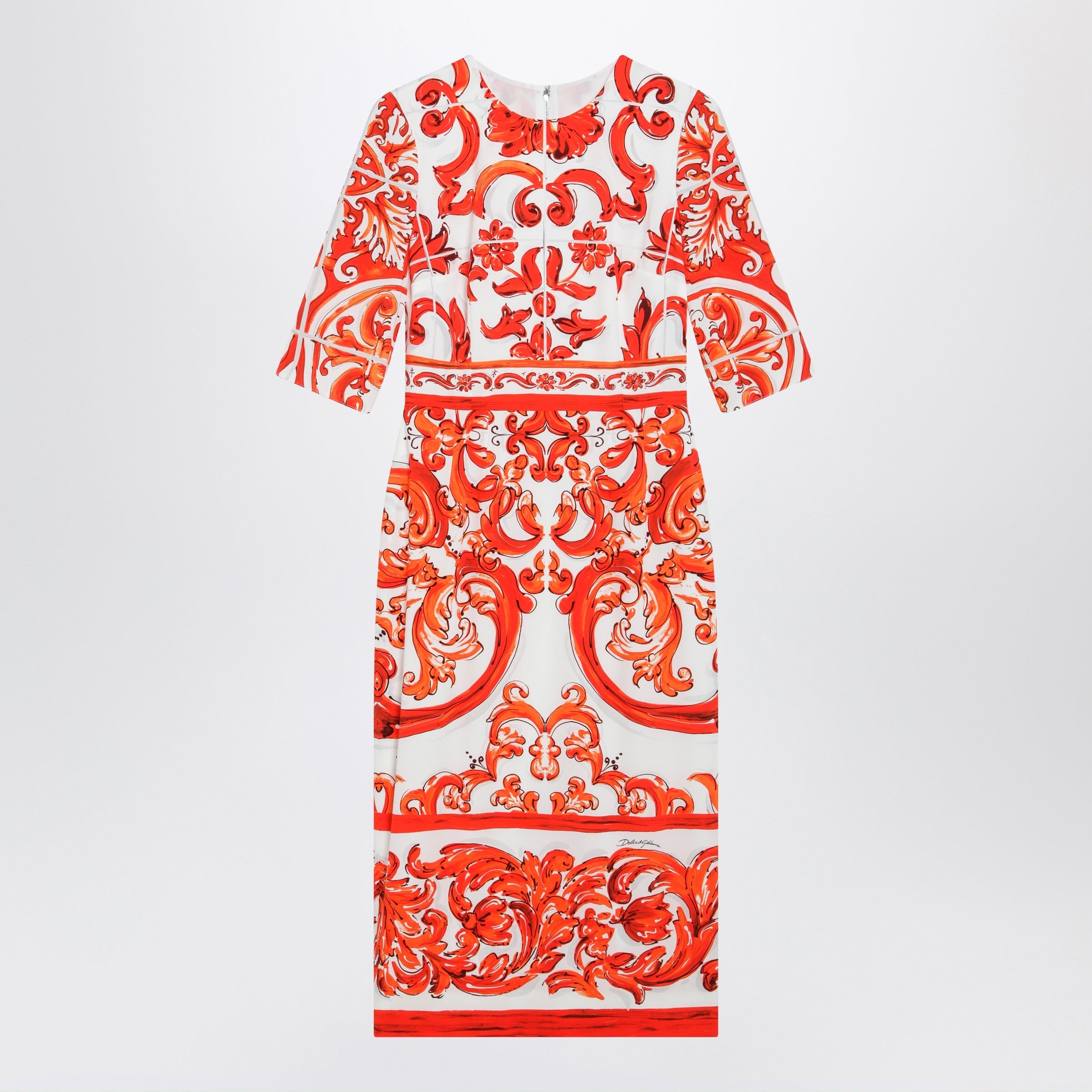 Dolce&Gabbana Fitted Maiolica-Print Silk Charmeuse Dress In Orange Women