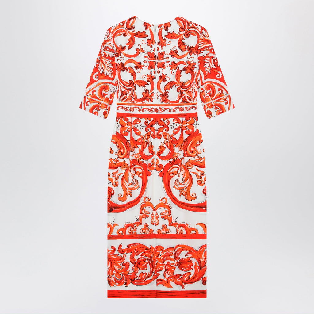 Dolce&Gabbana Fitted Maiolica-Print Silk Charmeuse Dress In Orange Women