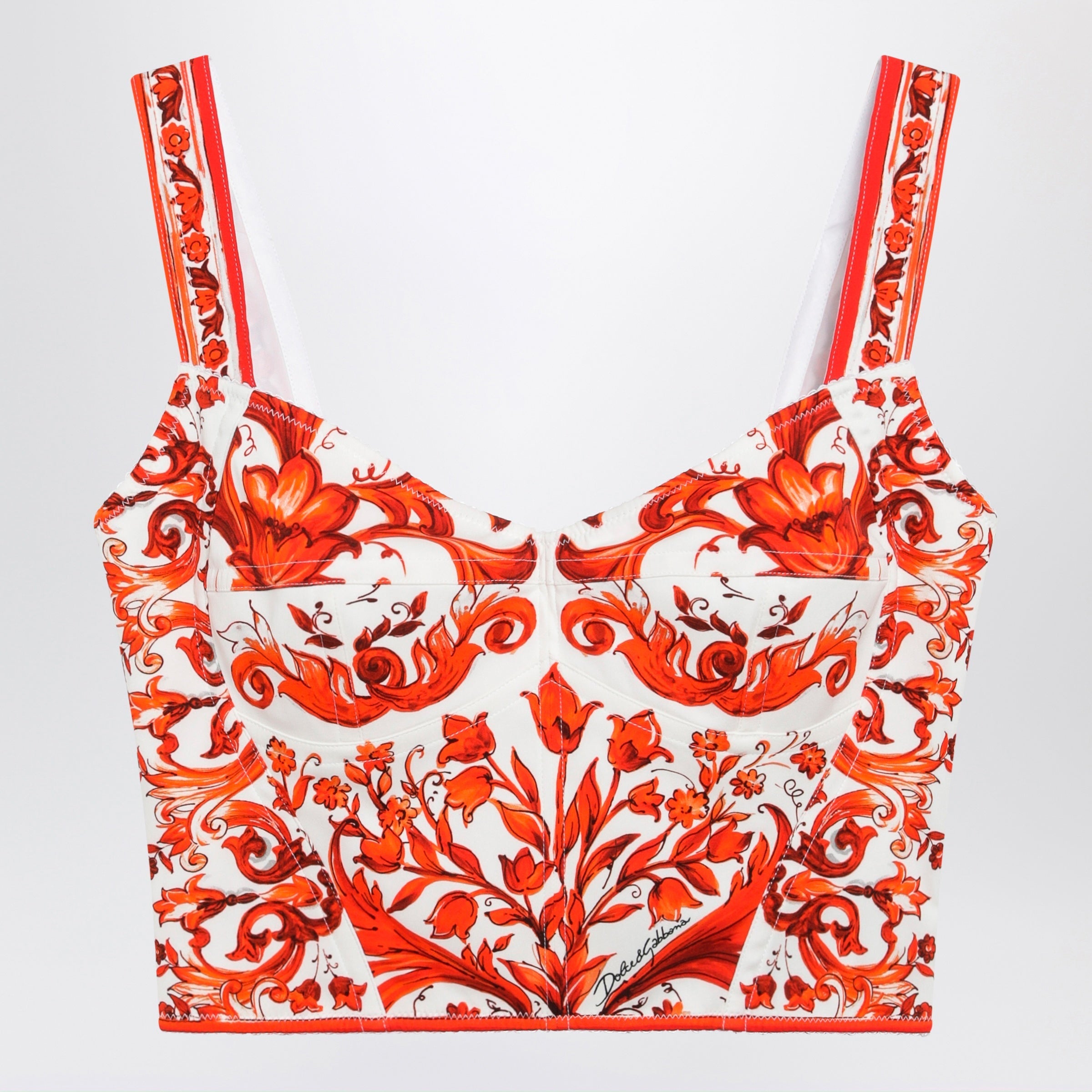 Dolce&Gabbana Maiolica-Print Charmeuse Bustier Top In Orange Women