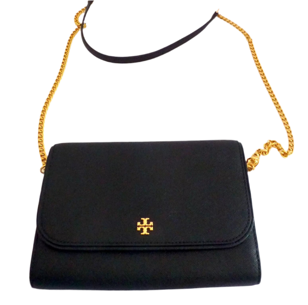NWT Tory Burch Emerson Chain Wallet/Crossbody Bag Saffiano Leather Black