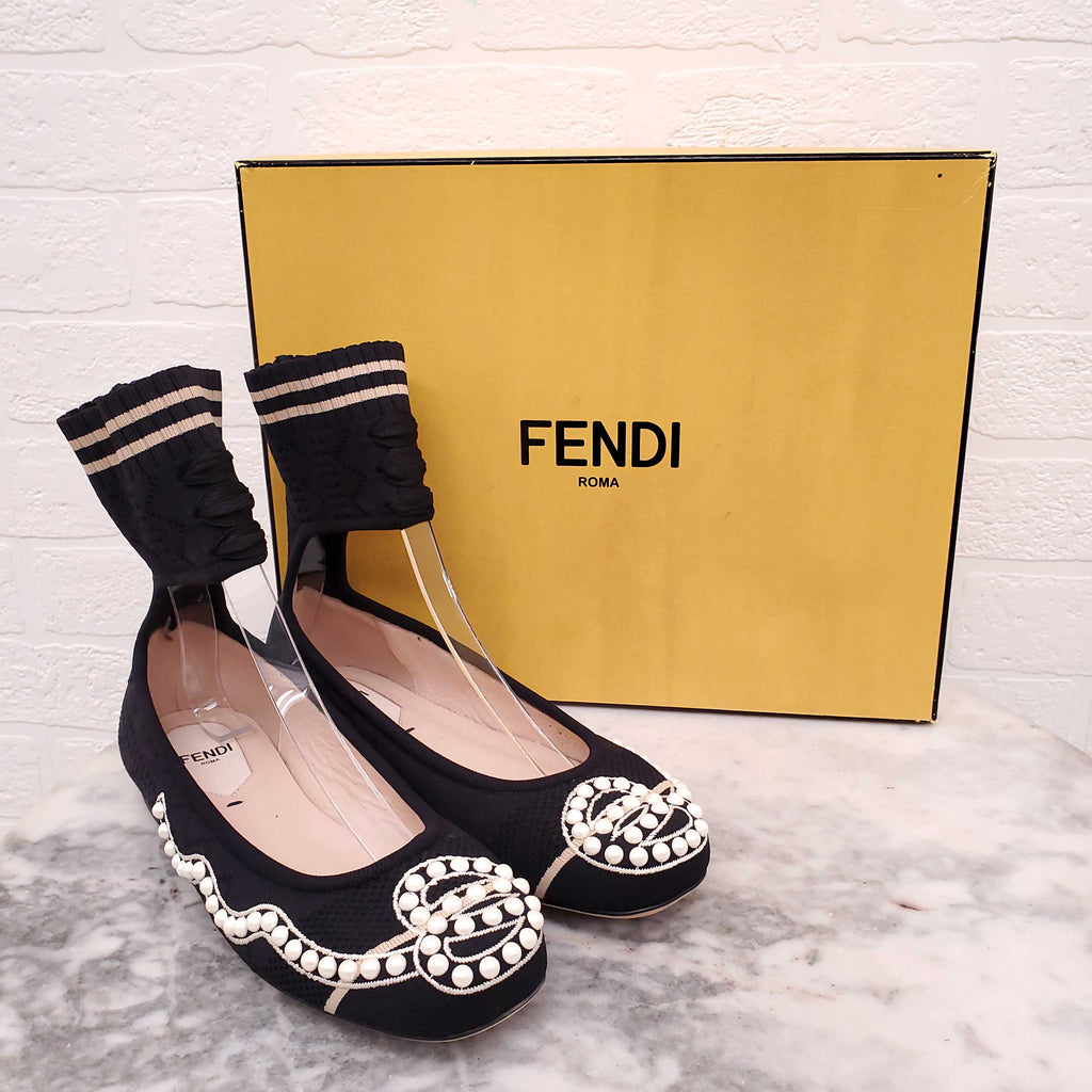 FENDI BALLERINA SOCK FLATS WITH PEARLS - SIZE 35