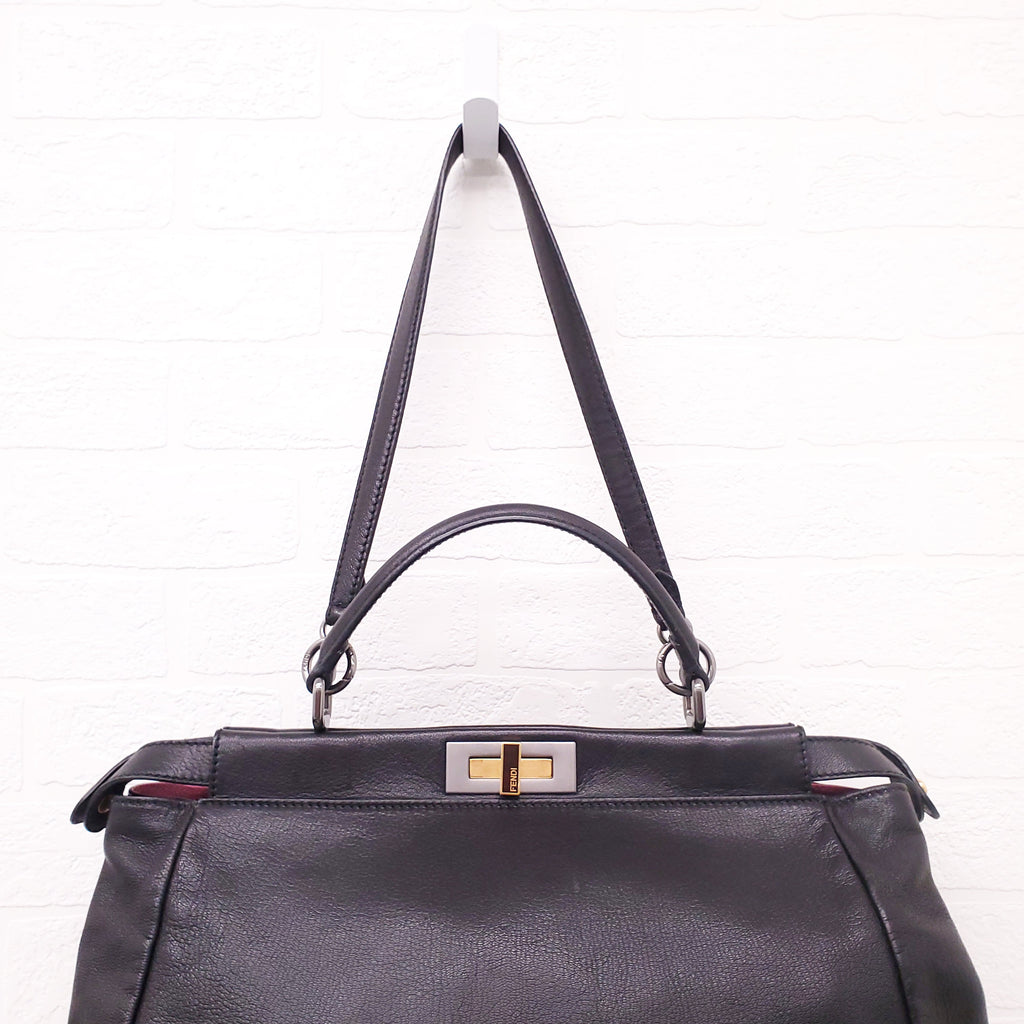 FENDI BLACK MEDIUM PEEKABOO BAG WITH PINK INTERIOR