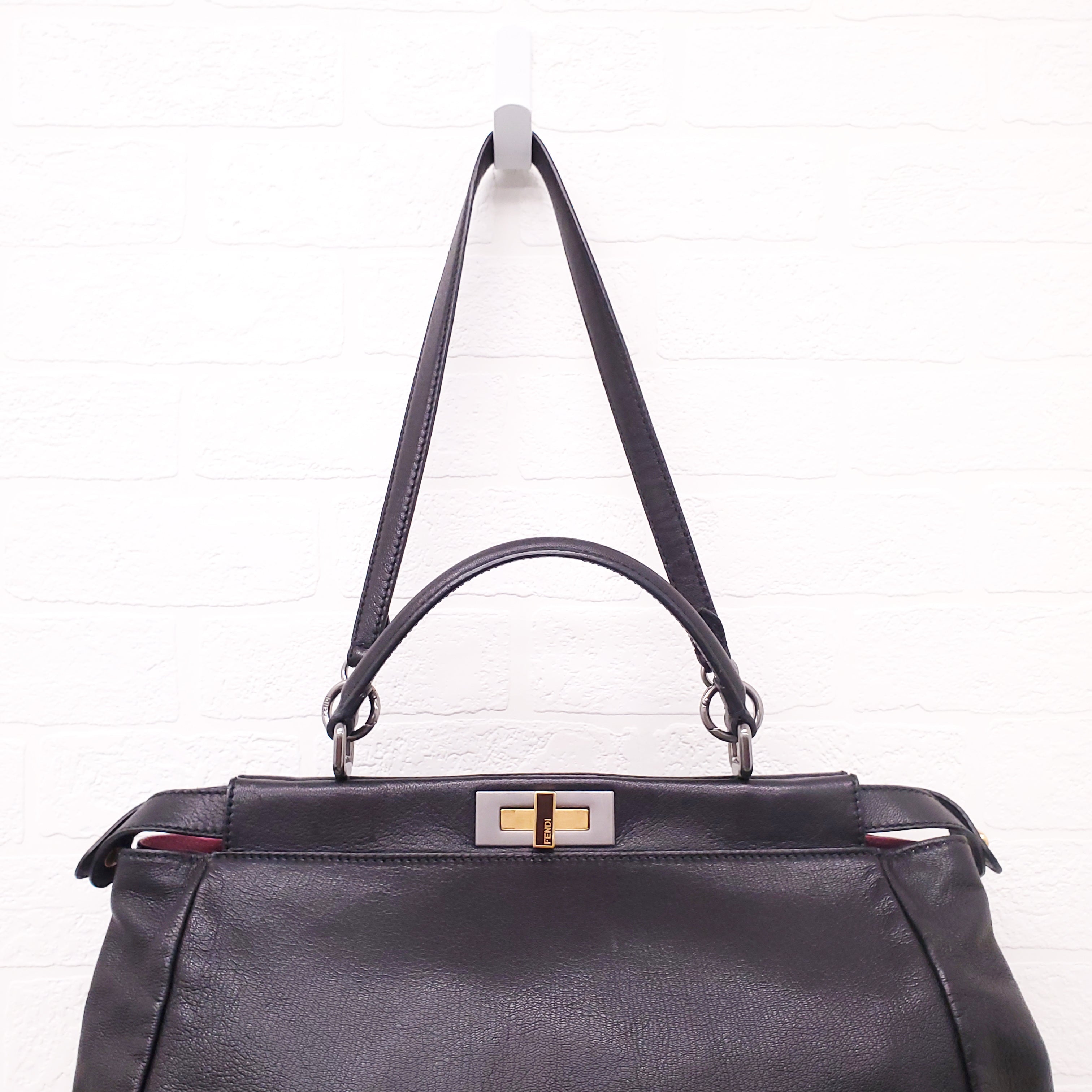 FENDI BLACK MEDIUM PEEKABOO BAG WITH PINK INTERIOR