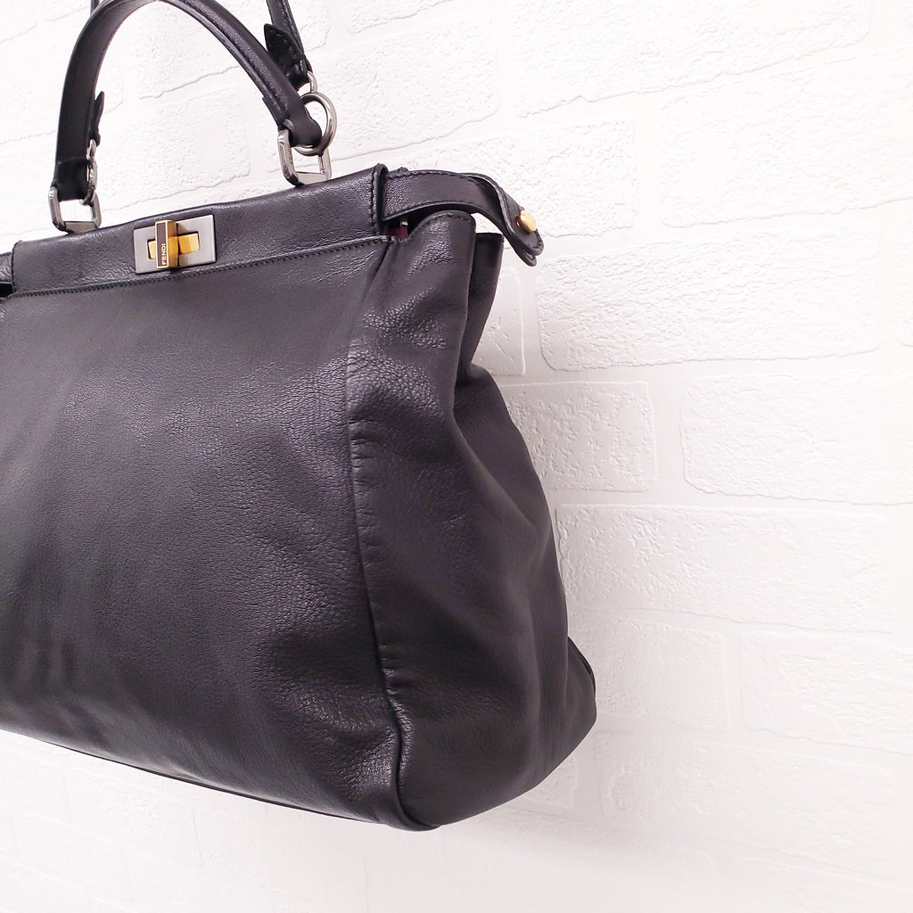 FENDI BLACK MEDIUM PEEKABOO BAG WITH PINK INTERIOR