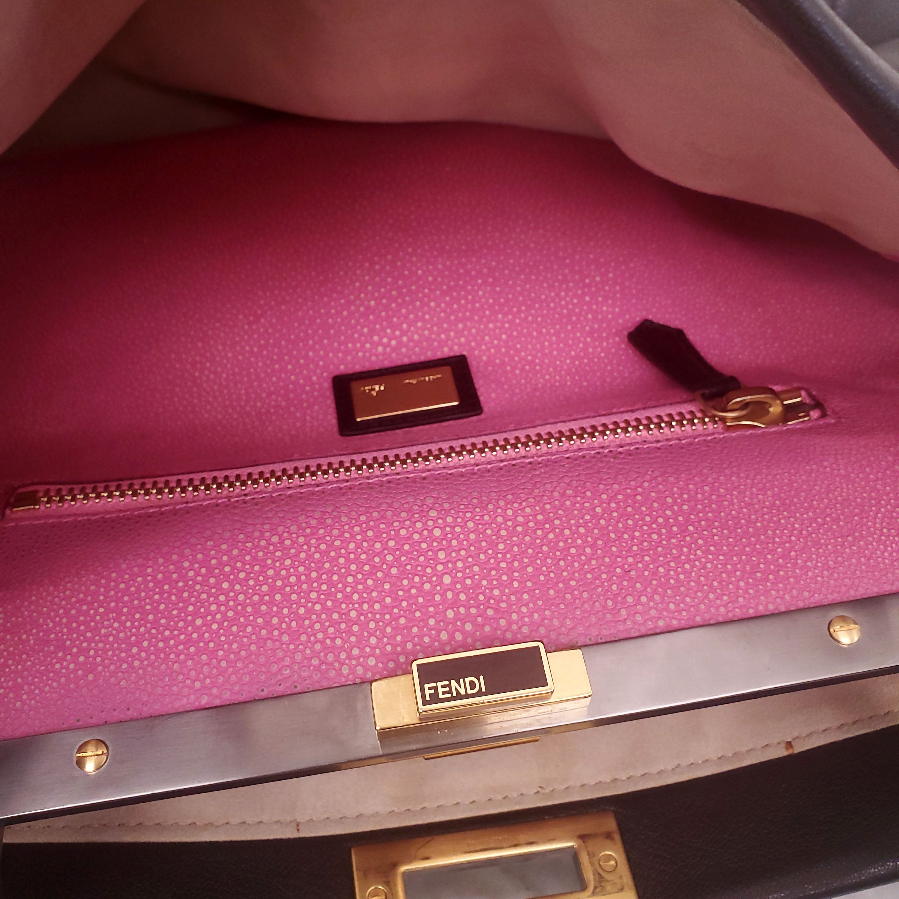 FENDI BLACK MEDIUM PEEKABOO BAG WITH PINK INTERIOR
