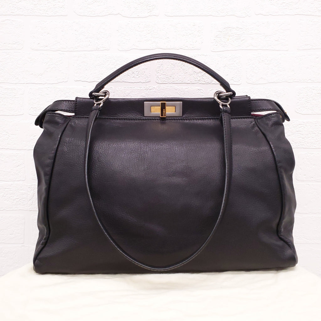 FENDI BLACK MEDIUM PEEKABOO BAG WITH PINK INTERIOR