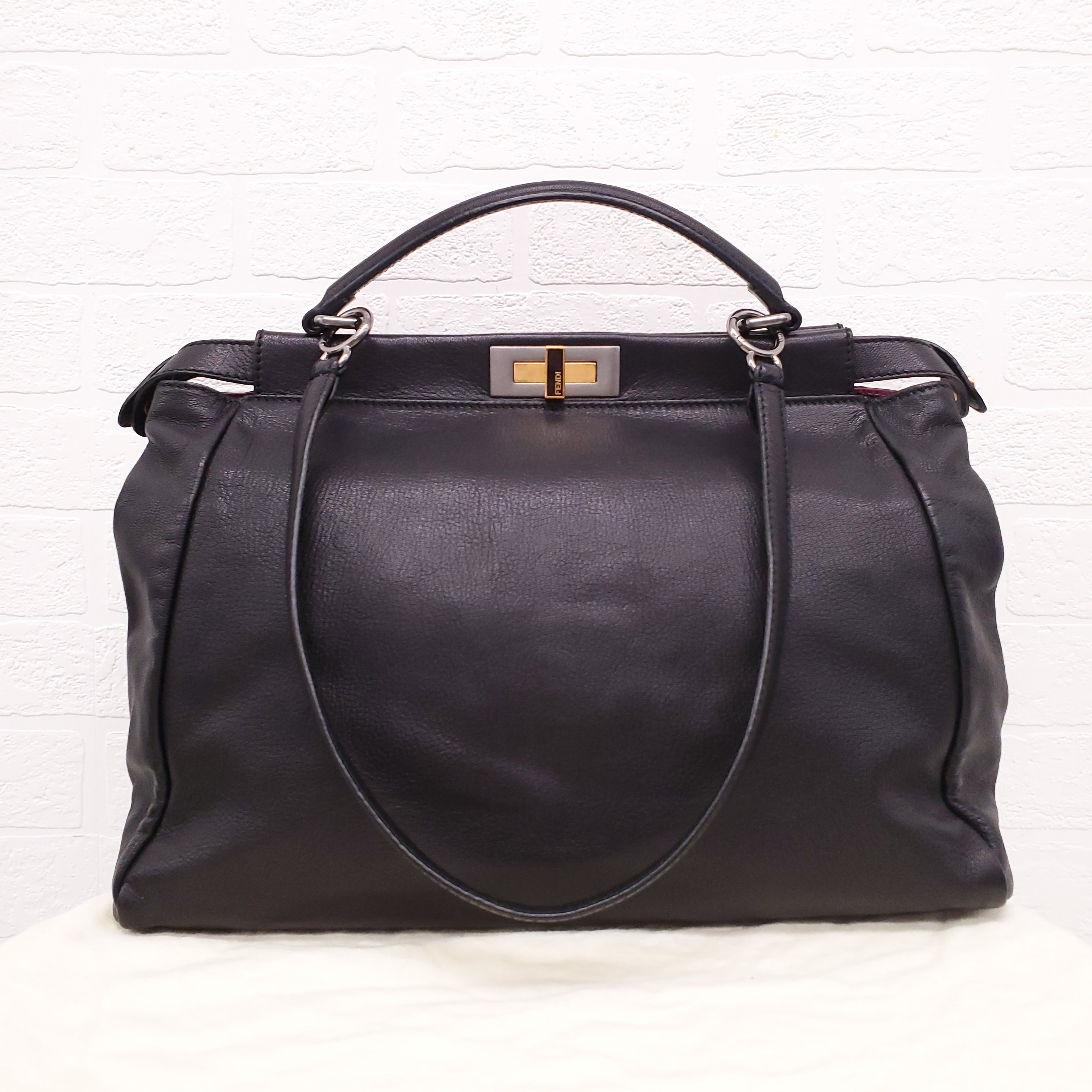 FENDI BLACK MEDIUM PEEKABOO BAG WITH PINK INTERIOR