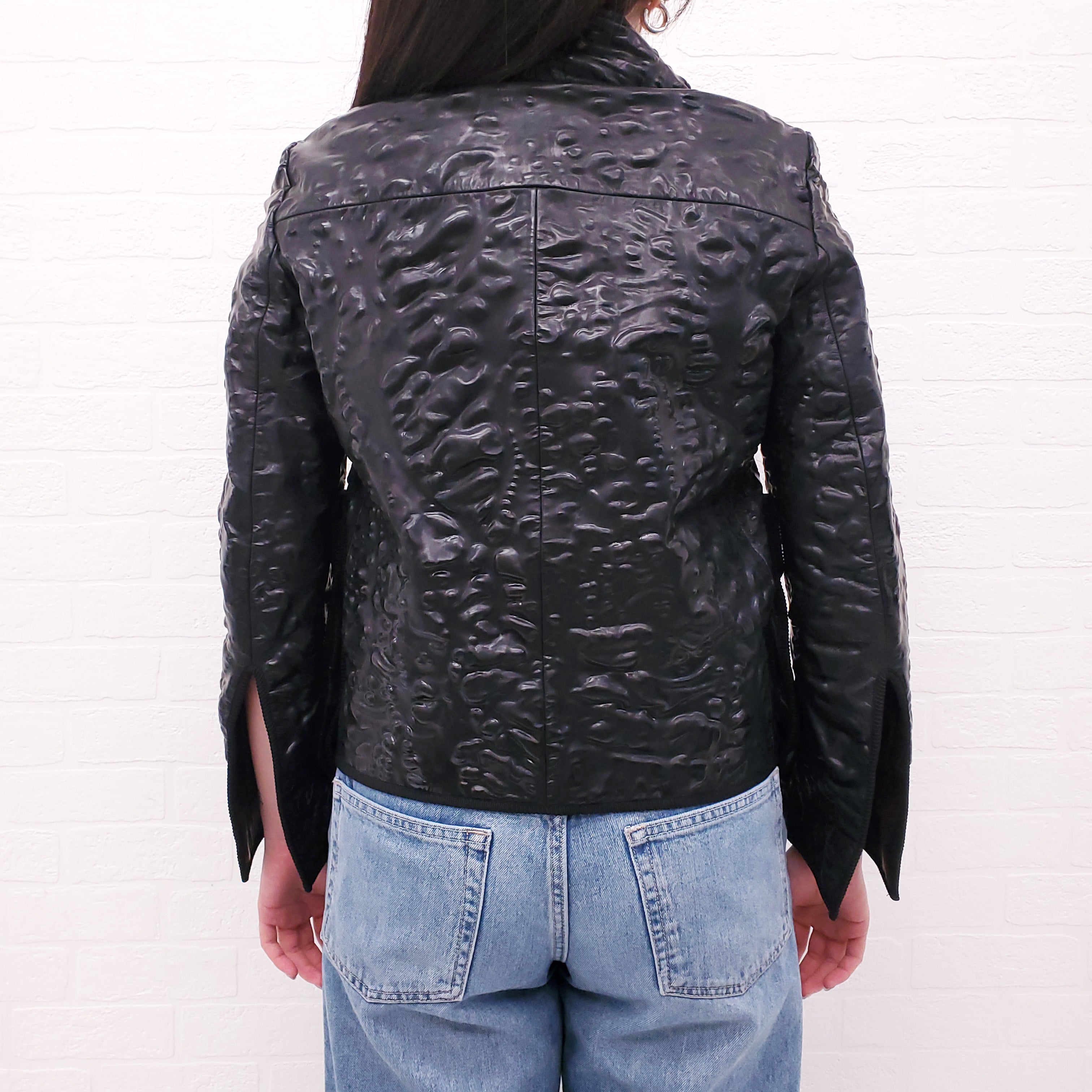 FENDI BLACK MOLDED LEATHER MOTORCYCLE JACKET - SIZE 40