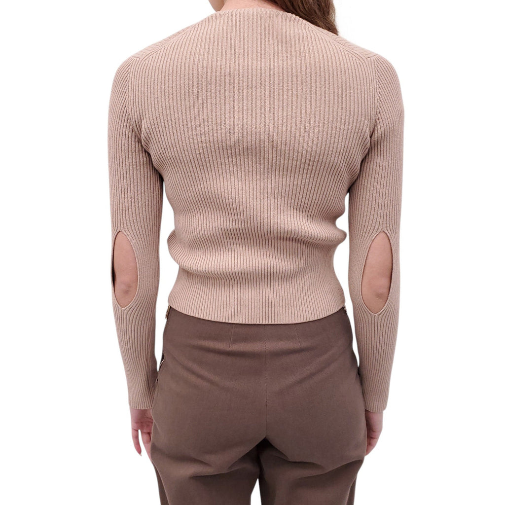 FENDI CAMEL RIBBED CARDIGAN WITH CUT OUT AND LOGO DETAIL - SIZE 36