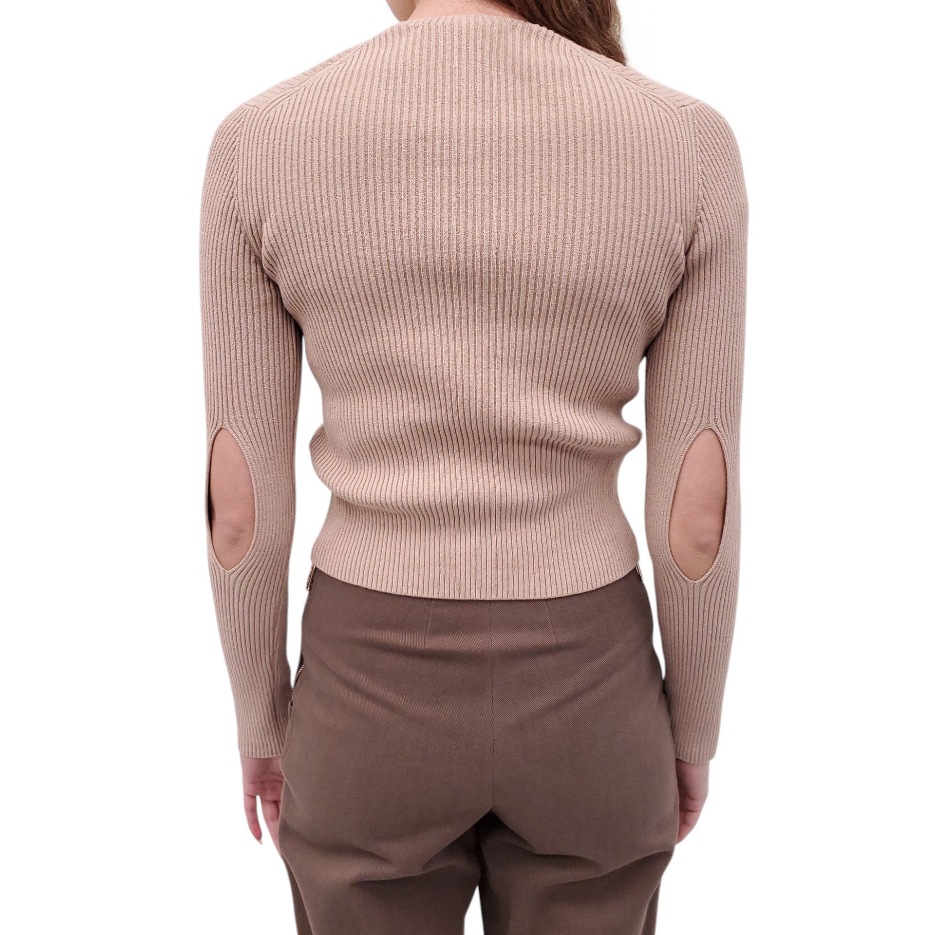 FENDI CAMEL RIBBED CARDIGAN WITH CUT OUT AND LOGO DETAIL - SIZE 36