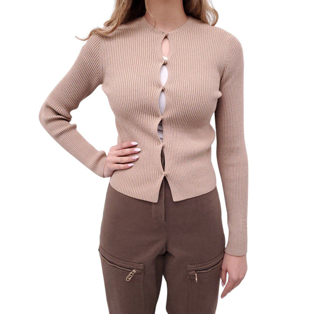 FENDI CAMEL RIBBED CARDIGAN WITH CUT OUT AND LOGO DETAIL - SIZE 36
