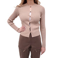 FENDI CAMEL RIBBED CARDIGAN WITH CUT OUT AND LOGO DETAIL - SIZE 36